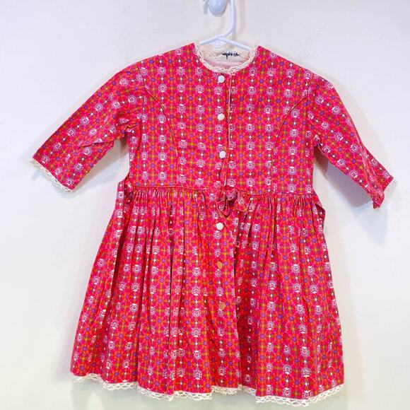 True Vtg Original Alyssa Kids Prairie Cotton Dress Pearl Buttons Puff Sleeve 3/4